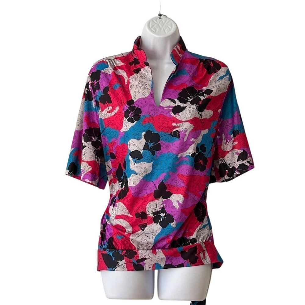 Amy Lynn  Women's Floral Blouse Size 42 Collared Short Sleeve Casual